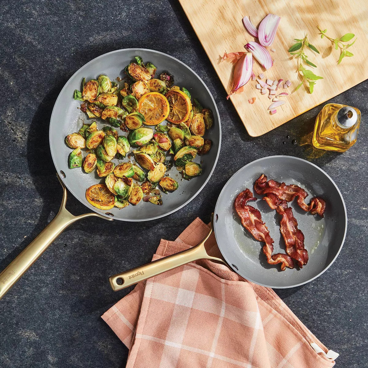 2pk Nonstick Ceramic Coated Aluminum Frying Pan Set with Champagne Handles Cream - Figmint\u2122 | Target