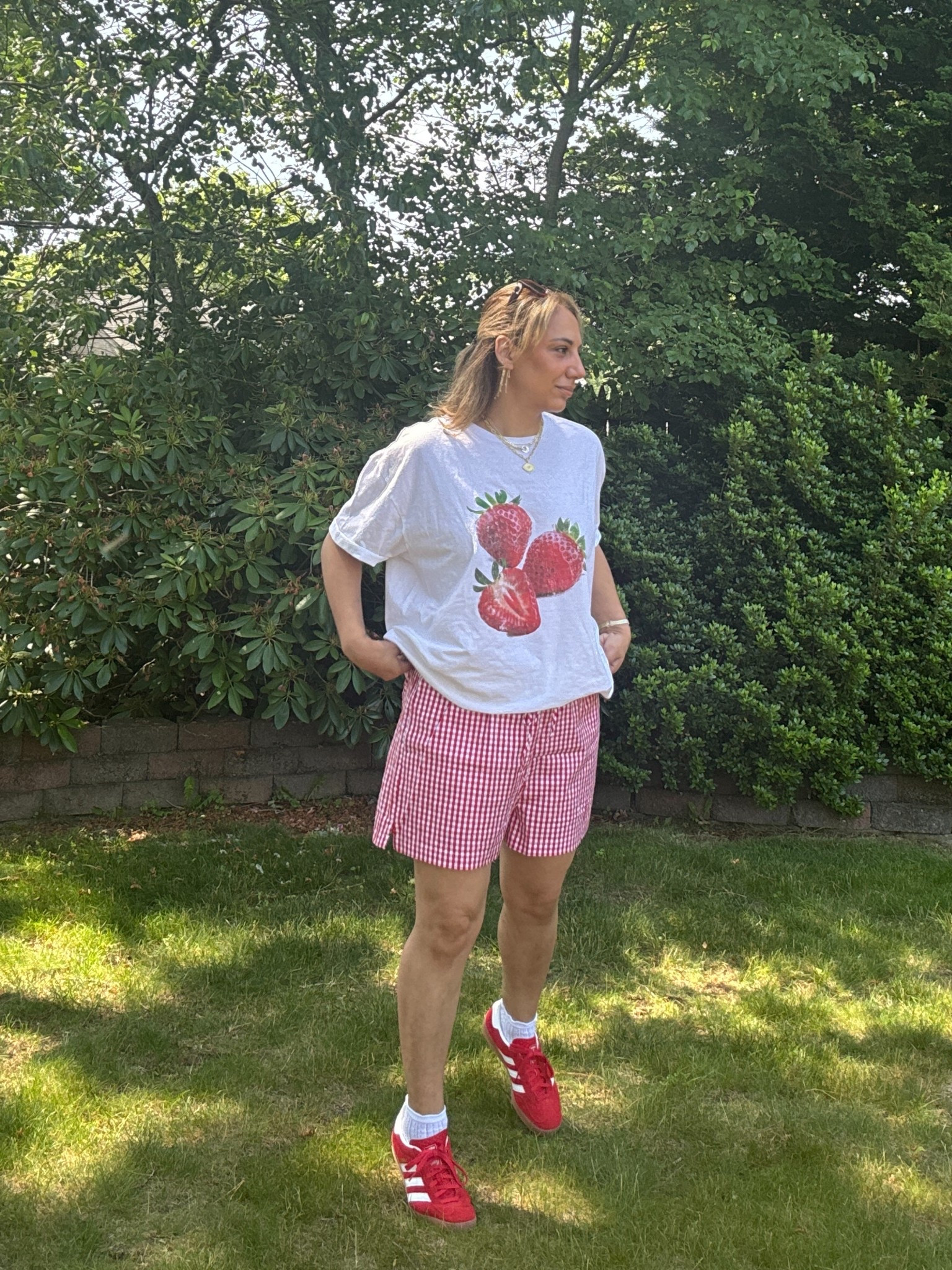 Strawberry t shirt in large from Anthropologie 
Shorts in medium from Francesca’s 

#LTKStyleTip #LTKShoeCrush #LTKSummerEdit