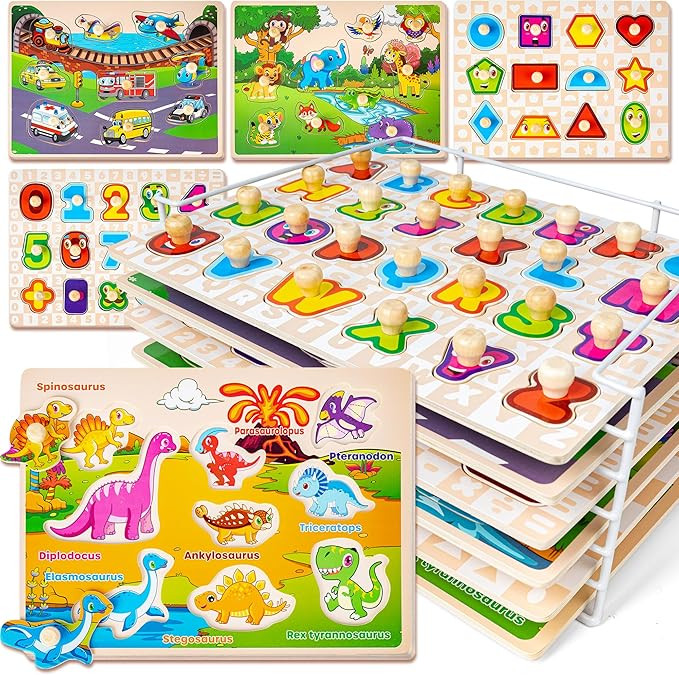 SYNARRY Wooden Puzzles for Toddlers 1-3, 6XSET Puzzles for Toddlers 2-4 with Rack, Learning Alpha... | Amazon (US)