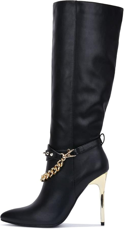 Cape Robbin ESA Spike Chain Pointy Toe Knee High Boots (ESA) | Amazon (US)