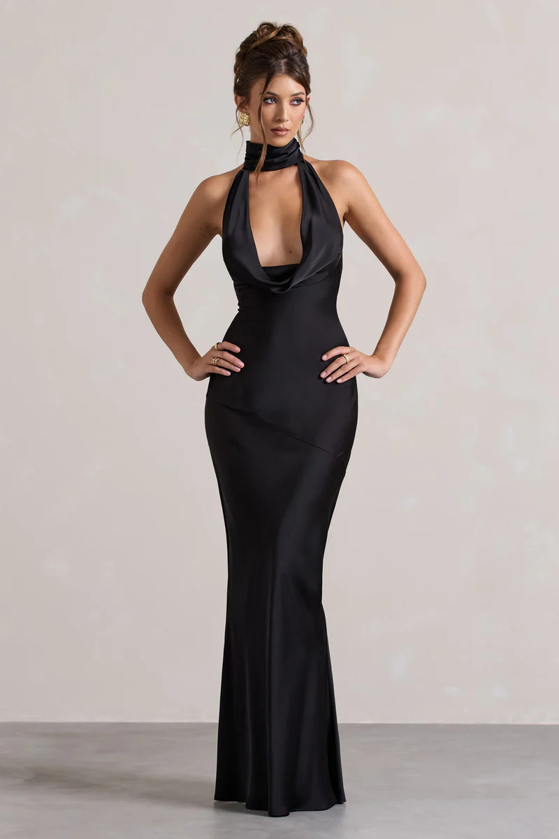 Matea  Black Satin Cowl-Neck Maxi Dress | Club L London