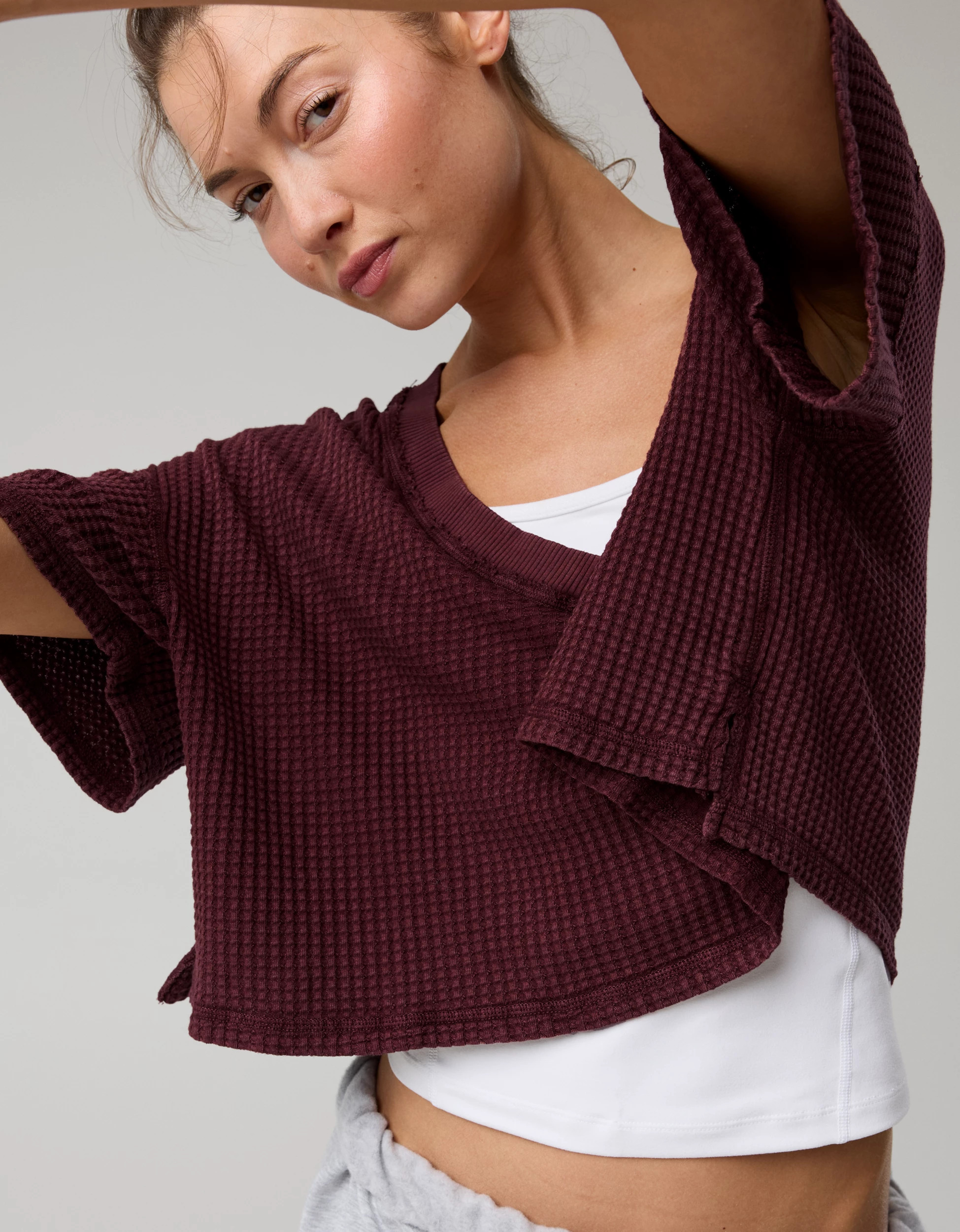 OFFLINE By Aerie Wow! Waffle V Neck Cropped Relaxed Short Sleeve T-Shirt | American Eagle Outfitters (US & CA)