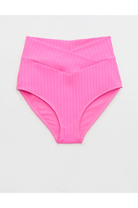 Aerie Ribbed High Waisted Full Coverage Bikini Bottom Women's Pink Punch XXS | Aerie