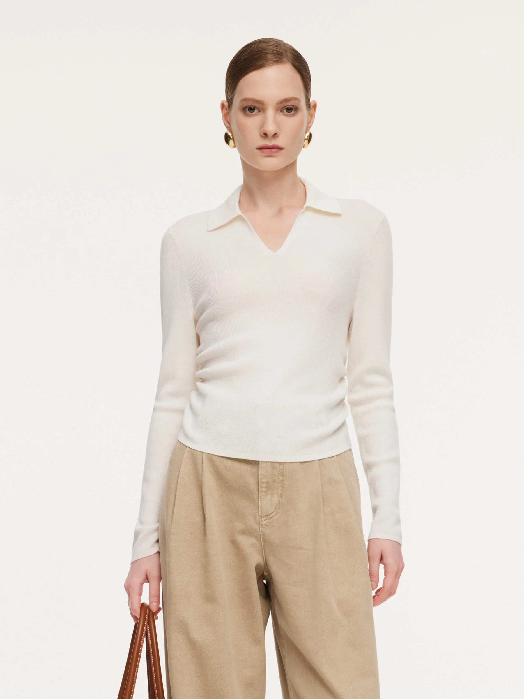 100% Wool V-Neck Ruched Women Polo Knit Top | GOELIA