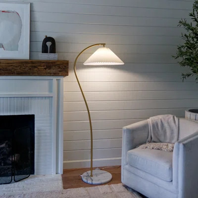 Athena Japandi-Inspired LED Gold Floor Lamp With White Pleated Shade And Real Marble Base | Wayfair North America