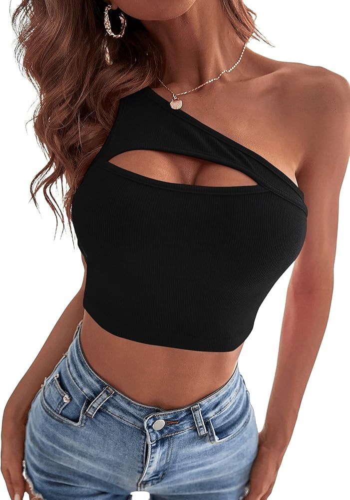 Milumia Women's One Shoulder Cutout Front Sleeveless Fitted Crop Top Tank Top Clubwear | Amazon (US)