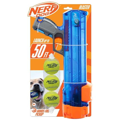 Nerf Dog Tennis Ball Blaster Dog Toy Gift Set, Tennis Ball Dog Fetch Toy Launches up to 50 ft, Dog Ball Thrower for All Breeds Includes Translucent Blue Tennis Ball Launcher and 3 Dog Tennis Balls | Amazon (US)