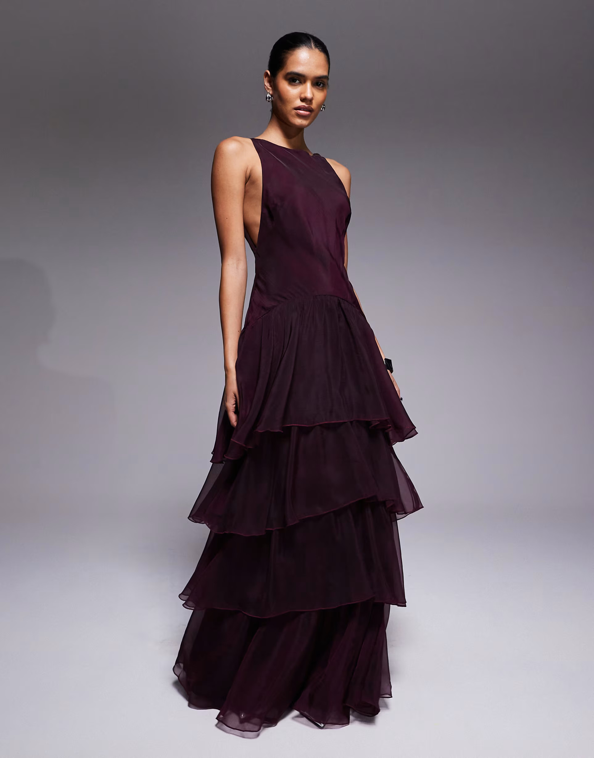 ASOS DESIGN chiffon organza dropped waist ruffle maxi dress in plum | ASOS (Global)