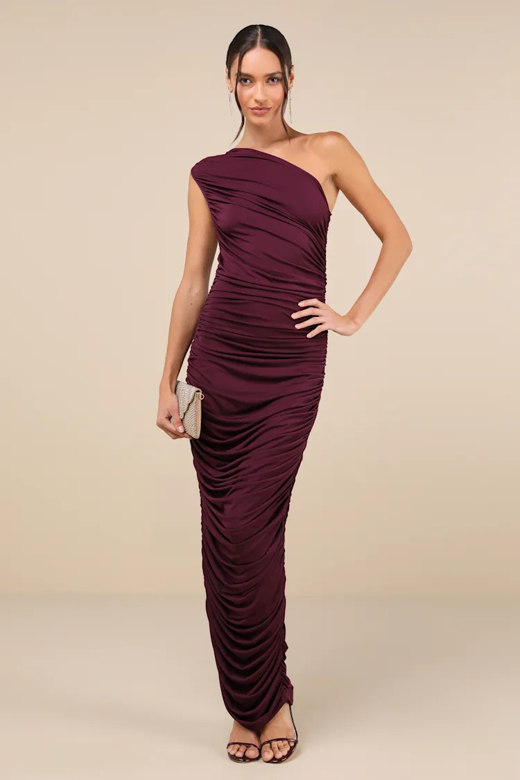 Effortless Magnetism Dark Plum Ruched One-Shoulder Maxi Dress | Lulus