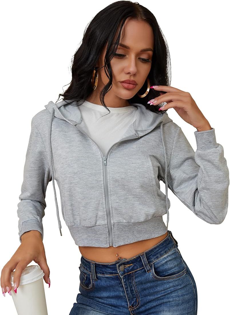 Women's Zip Up Hoodies Cropped Cardigan Jacket Drawstring Hooded Sweatshirts Casual Long Sleeve T... | Amazon (US)