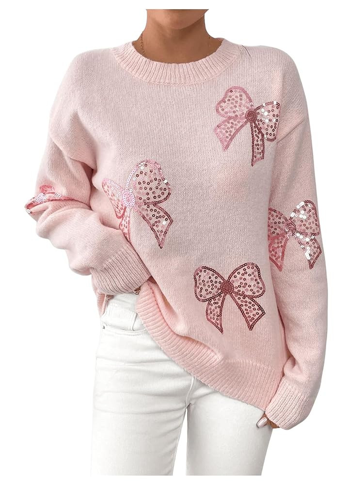 Verdusa Women's Sequin Bow Sweater Coquette Drop Shoulder Pullover Knit Tops | Amazon (US)