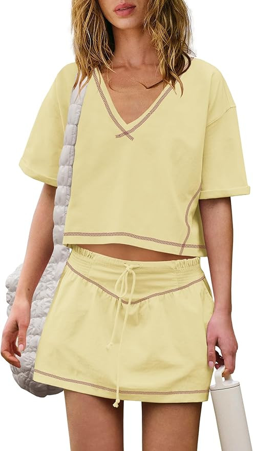 Nirovien Womens 2 Piece Workout Sets Summer Athletic Outfits Short Sleeve Crop Tops and Skirt wit... | Amazon (US)
