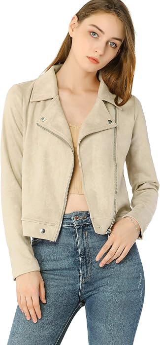 Allegra K Women's Faux Suede Jacket Long Sleeve Zip Up Lapel Outerwear | Amazon (US)