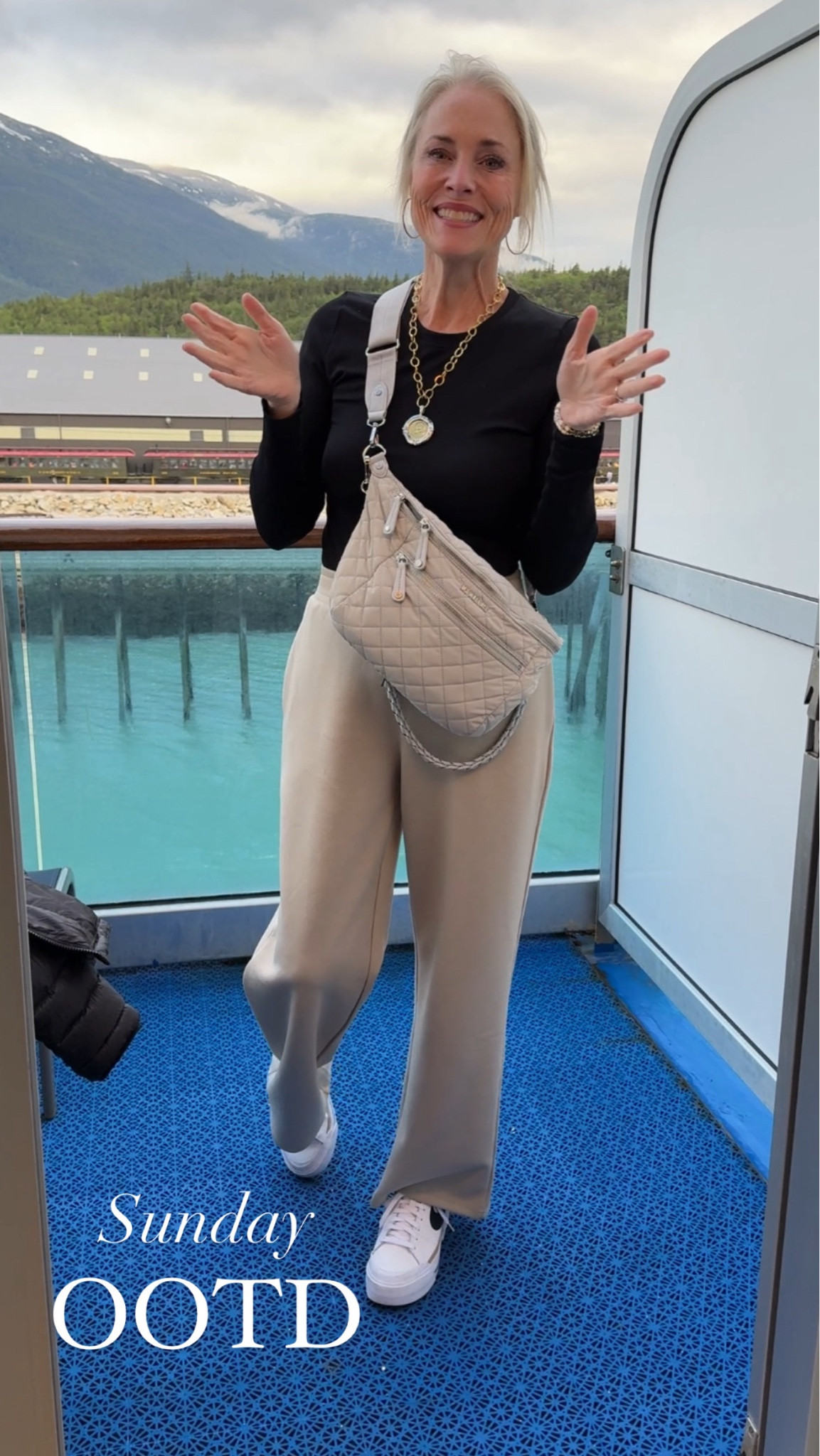 🚢 Sunday OOTD on the Alaskan cruise! 
Today, I'm layering up to stay cozy and chic. 

Starting with one of the long sleeve tops from yesterday’s pack, it's perfect for the cool weather. I've paired it with the pants from my lounge set shown two days ago—these pieces are so versatile on their own! 

To top it off, I've got my trusty puffer jacket and a lightweight raincoat, just in case of any drizzles. Keeping it comfy with my Nike Court Legacy Lift sneakers, my Mz Wallace sling bag for all my essentials, and my everyday jewelry to complete the look. 

Ready for a day of exploring and adventure! 🏔️

#LTKTravel #LTKMidsize #LTKStyleTip