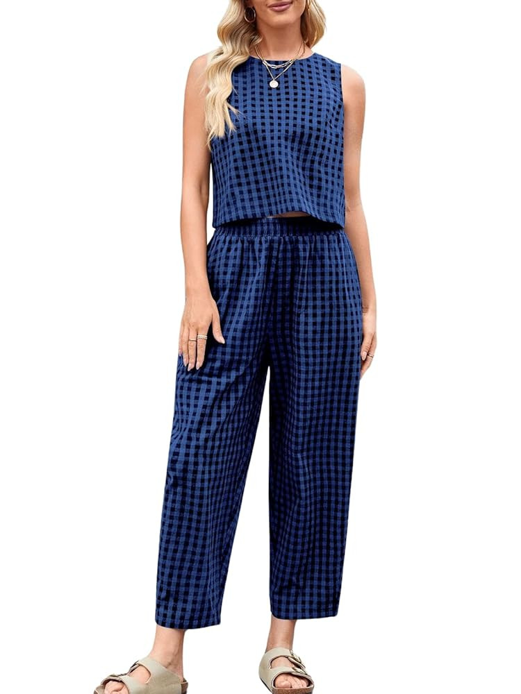 Womens Cotton Checker Set 2 Piece Beach Vacation Outfit Summer Tank Top Pants Suit | Amazon (US)