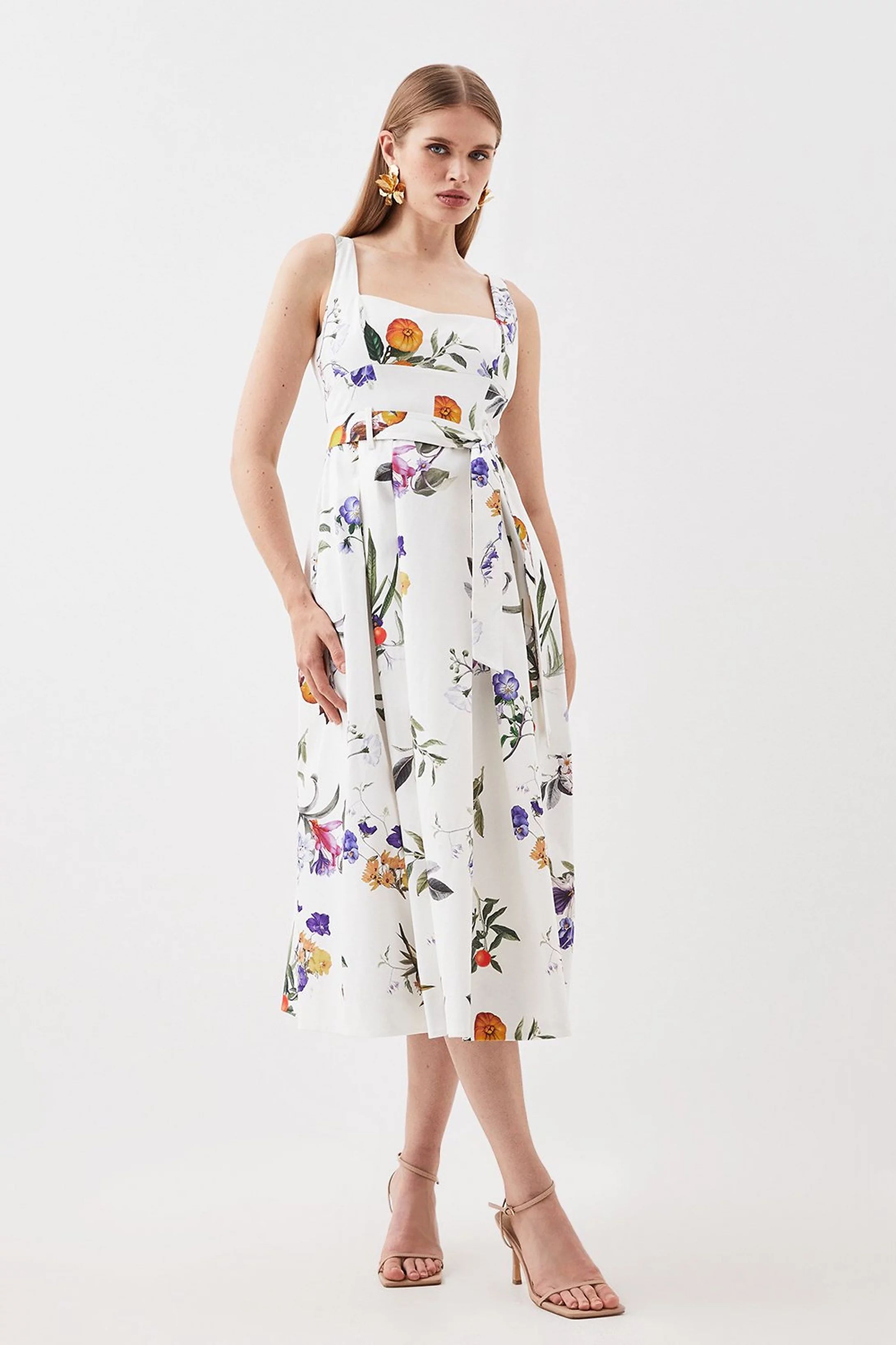 Tailored Fruity Floral Belted Sleeveless Midi Dress | Karen Millen UK + IE + DE + NL
