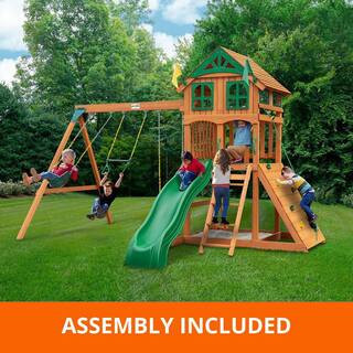 Professionally Assembled Outing III Kids Outdoor Playground Set with Wood Roof, Slide, Sandbox, Rock Wall, and Swing Set | The Home Depot