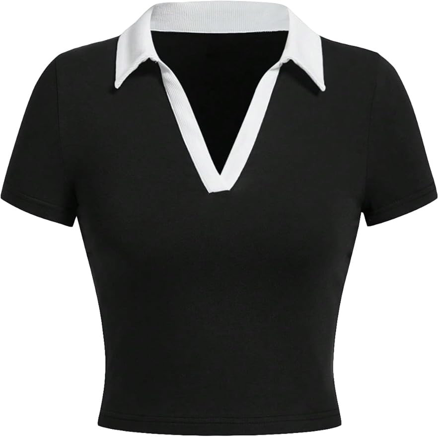 COZYEASE Women's Color Clock Preppy Collared Neck Crop Tops Preppy Style V Neck Slim Fit Crop Tee... | Amazon (US)