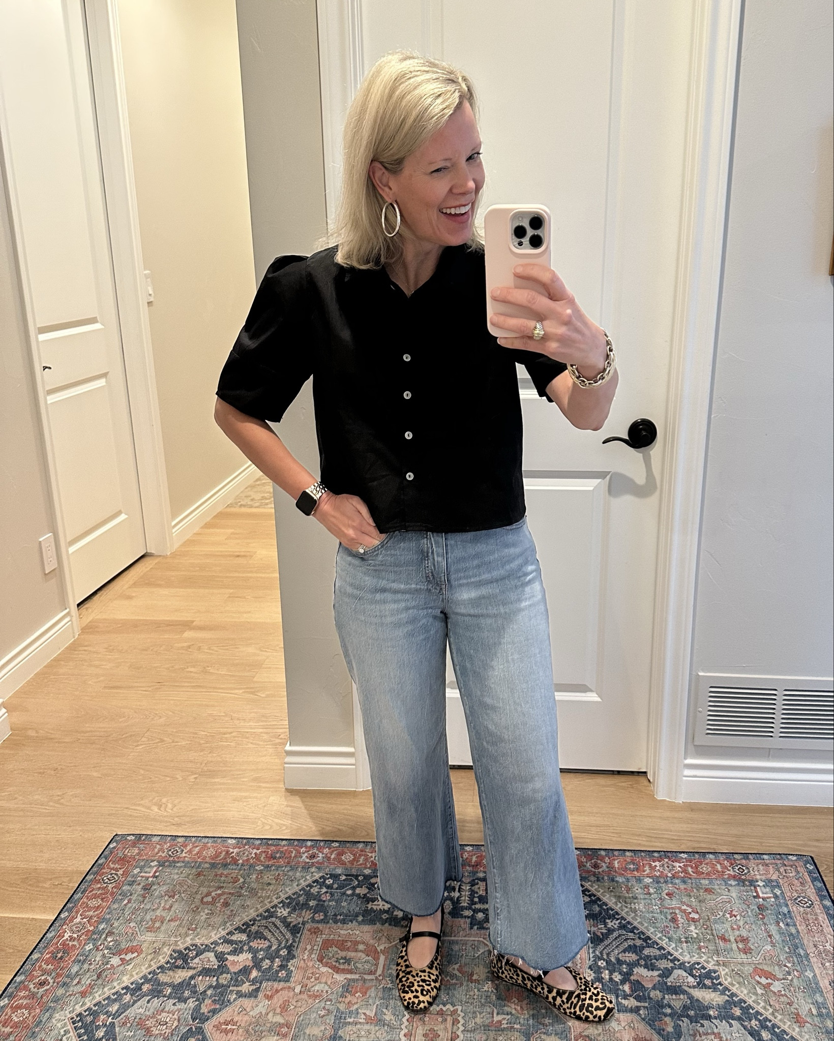 I have made some really fun purchases lately that I want to share. First of , these leopard shoes from Nordstrom are fabulous! I wore them all day yesterday and when I say all day, I mean all day! Our flight was delayed so I wore them from church yesterday morning in Austin until we got home at almost midnight last night!  I am in between a seven and a 7 1/2 and went with the 7 1/2. They are so cute and so comfortable! Wearing them with some of my favorite jeans that I think are still in stock and on sale and the cutest black top that is part of a set from Amazon!

#LTKStyleTip #LTKSeasonal #LTKFindsUnder100