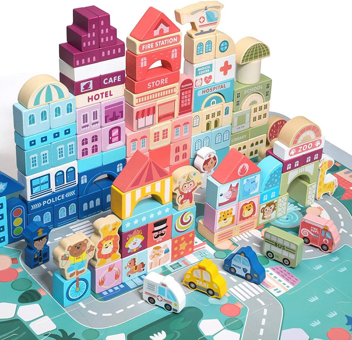 120PCS Wooden Blocks, Preschool Learning Educational Toys, Wooden Toddler Toys with City Map Cons... | Amazon (US)