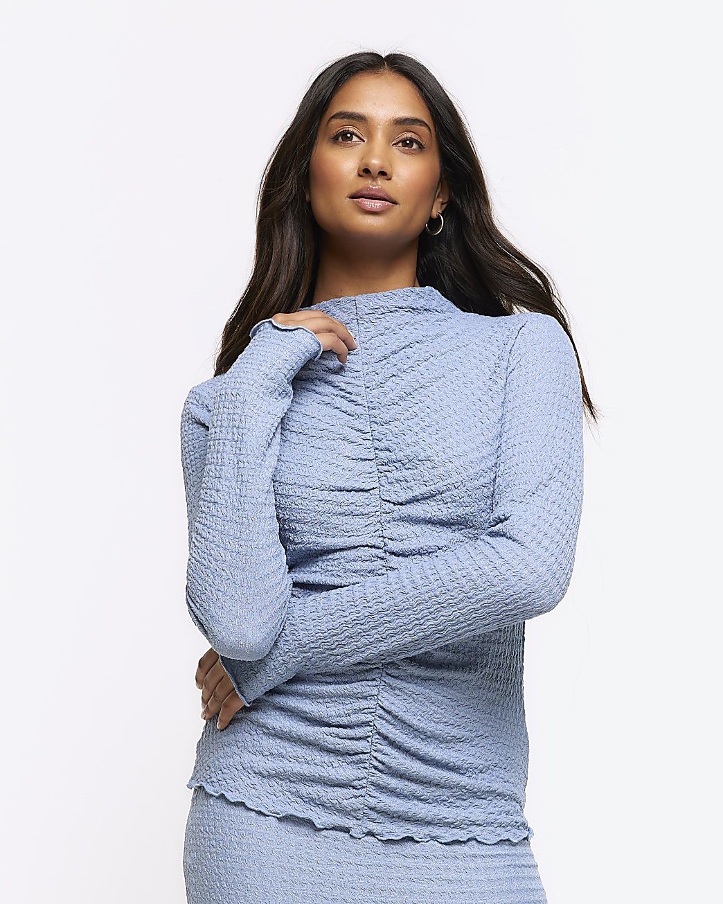 Blue textured ruched long sleeve top | River Island (UK & IE)