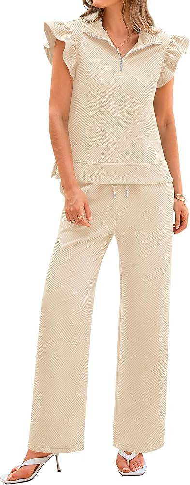 BTFBM Women Summer 2 Piece Sets Airport Outfits Ruffle Cap Sleeve Quarter Zip Top Wide Leg Pants ... | Amazon (US)