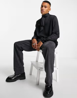 ASOS DESIGN shirt with pussybow tie neck in black satin | ASOS (Global)