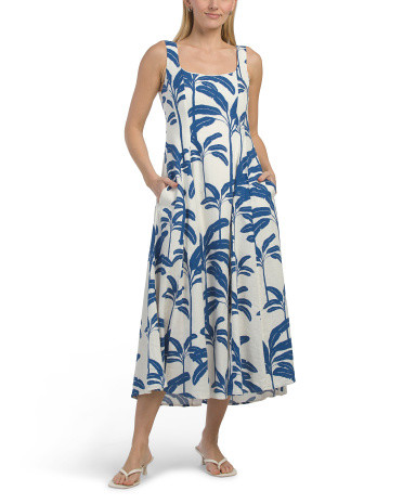 Linen Blend Palm Smocked Back Fit N Flare Dress | TJ Maxx