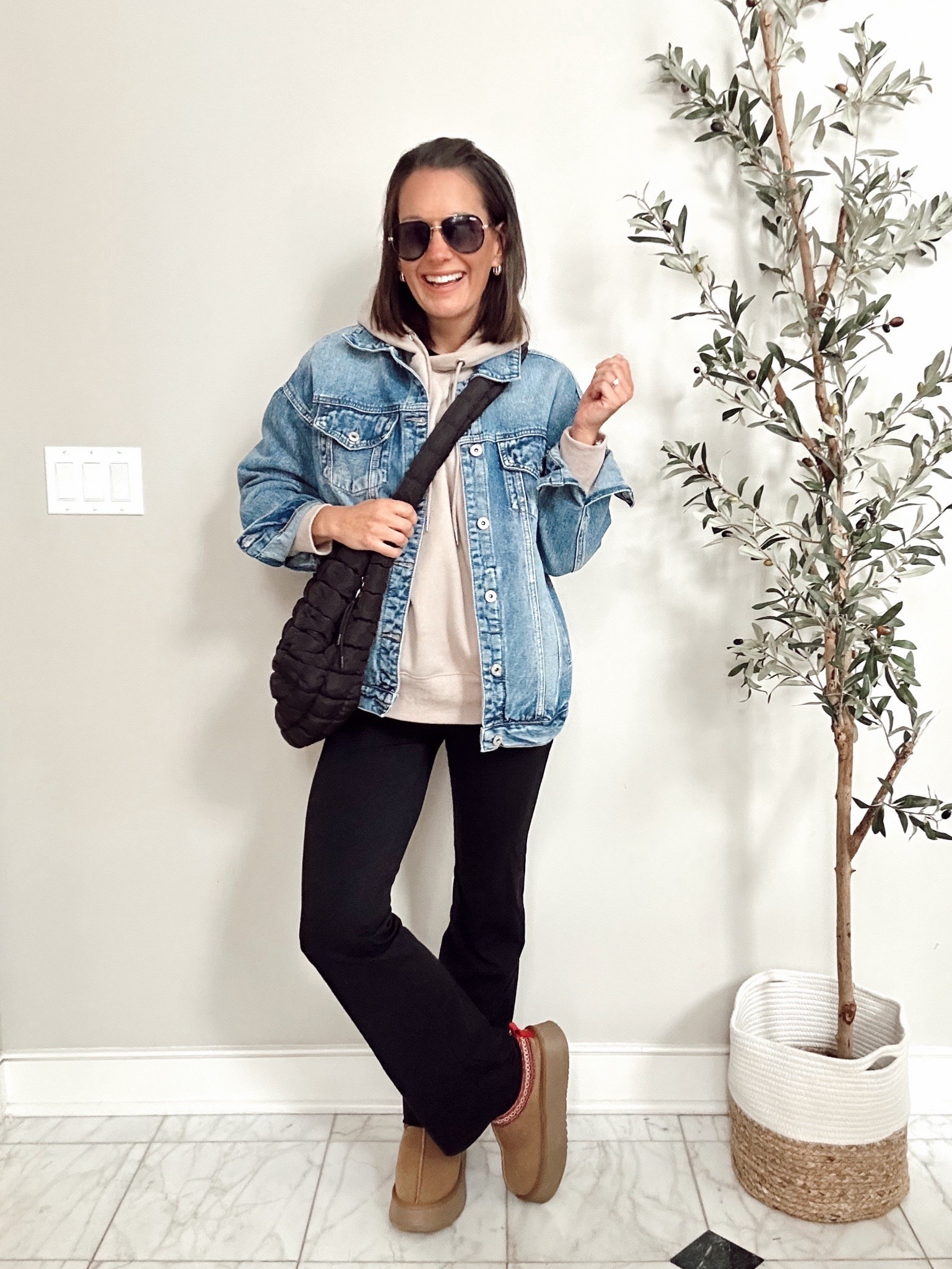 Winter outfit of the day!
Sweatshirt, flare leggings and denim jacket all run true to size.  Wearing a small in everything!

#LTKootd #LTKFindsUnder50 #LTKmomlife