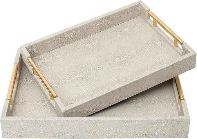 Set of 2 Shagreen Serving Tray with Gold Polished Metal Handles Ivory Wood Decorative Tray PU Lea... | Amazon (US)