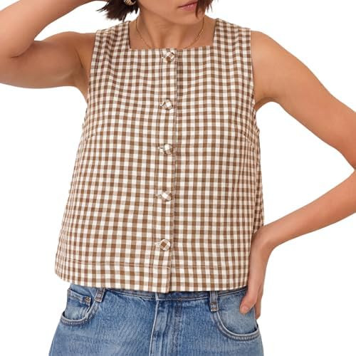 Women Plaid Square Neck Tank Top Summer Y2K Gingham Sleeveless Down Crop Vest Vacation Business C... | Amazon (US)