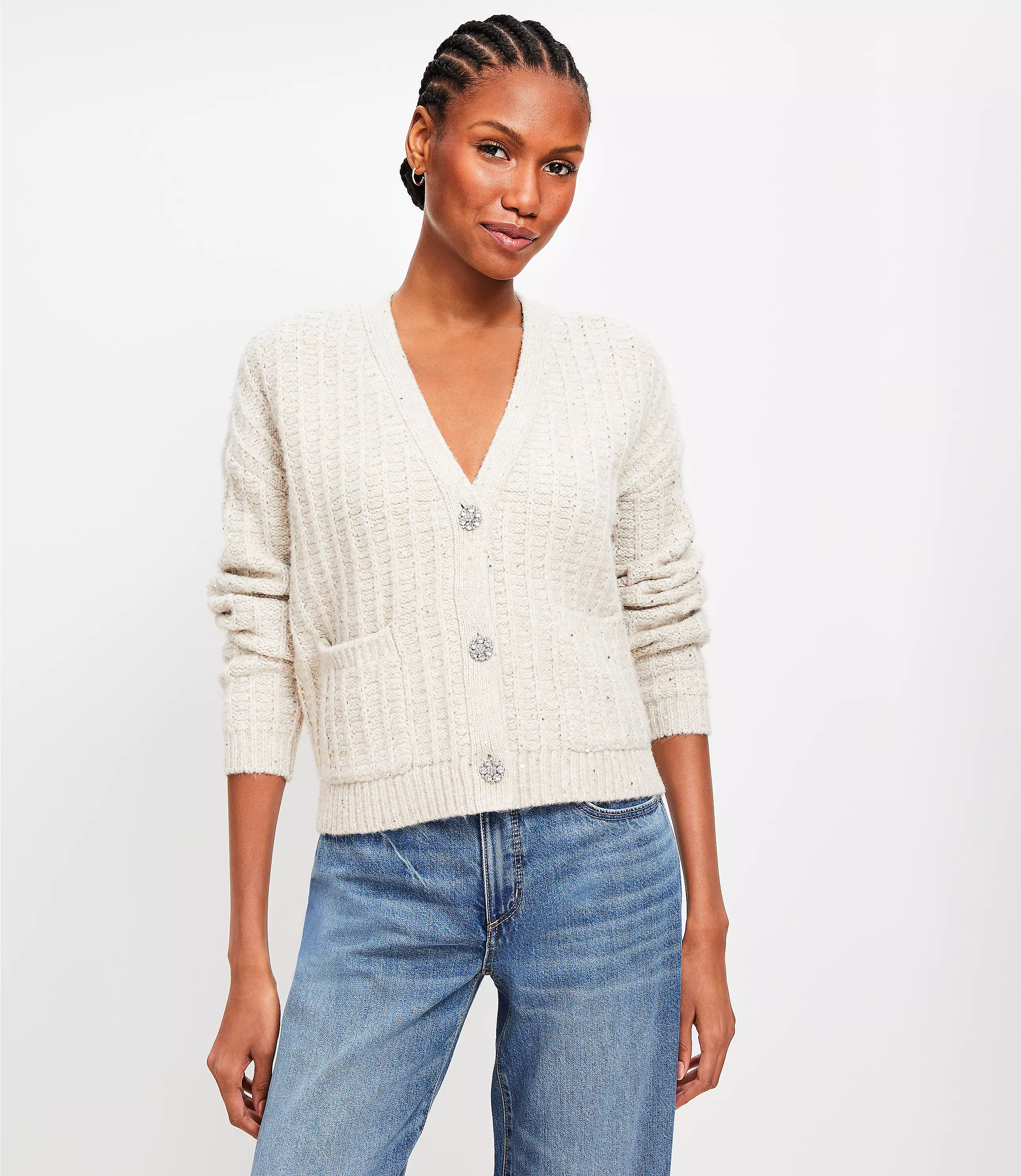Petite Sparkle Button Sequin V-Neck Pocket Cardigan | LOFT