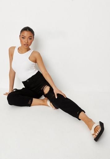 Petite Black Riot Ripped Mom Jeans | Missguided (US & CA)