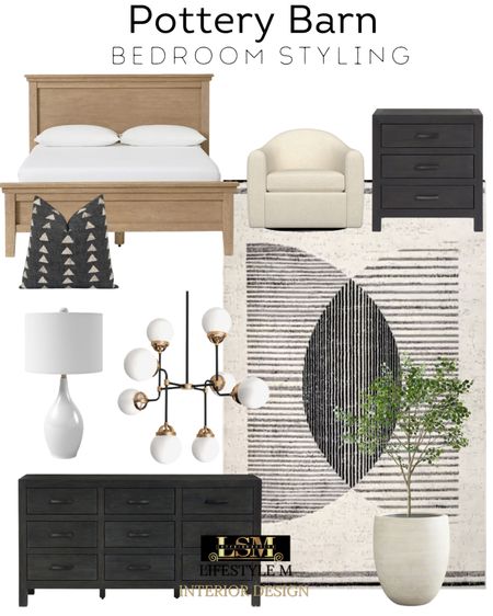 Great pottery barn finds to style your bedroom! Farmhouse style. Wood bed frame, black throw pillow, arm chair, black night stand, black dresser, modern stripe rug, ceramic planter pot, realistic fake tree, black throw pillow, white table lamp, chandelier light.

#LTKFind #LTKhome #LTKstyletip
