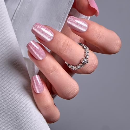 Curvlife Press on Nails Square Acrylic Cat Eyes Pink Fake Nails with Design Full Cover False Reusable Nail Kit with Nail Glue Adhesive Tabs, Women Girl Gift | Amazon (US)