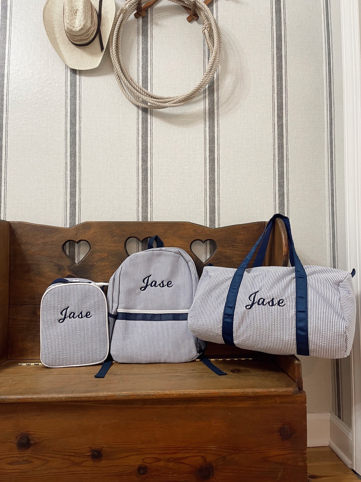 Found the cutest & most affordable personalized embroidered travel set with back pack, lunch box (could be used for school or as diaper bag option) and duffel bag all matching perfect for babies or little kids traveling or back to school! The whole set came together from Amazon with blue striped option and checkered as well as customizable colors and embroidery! This whole set lunch box, back pack & duffel bag was all together $50 with free shipping. Best price I could find on my internet searches 💙 

#LTKKids #LTKBaby #LTKFamily