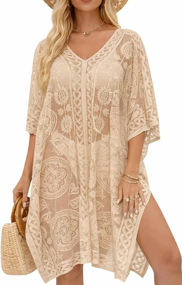 Sexy Elegant Lace Beach Cover Up for Women, Bathing Suit Cover Up, V-Neck Swimsuit Coverup for Po... | Amazon (US)