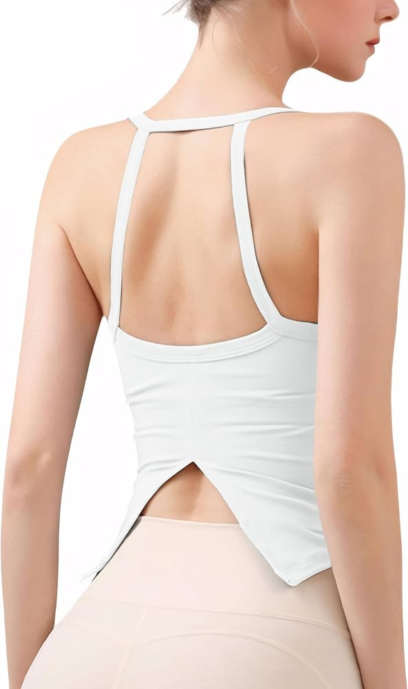 Women's Open Back Workout Crop Tops Built in Bra Sleeveless Halter Gym Tank Tops Yoga Fitness Ath... | Amazon (US)