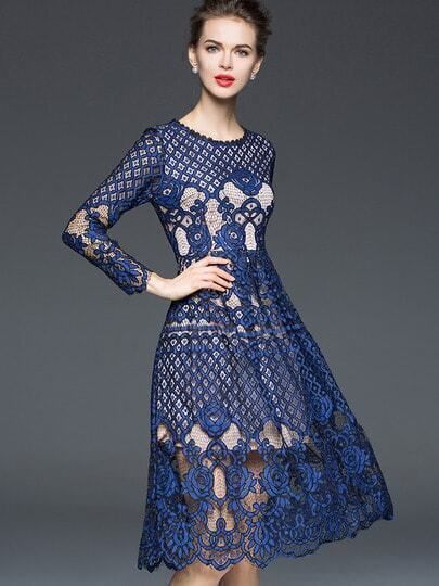 Navy Round Neck Long Sleeve Lace Dress | SHEIN