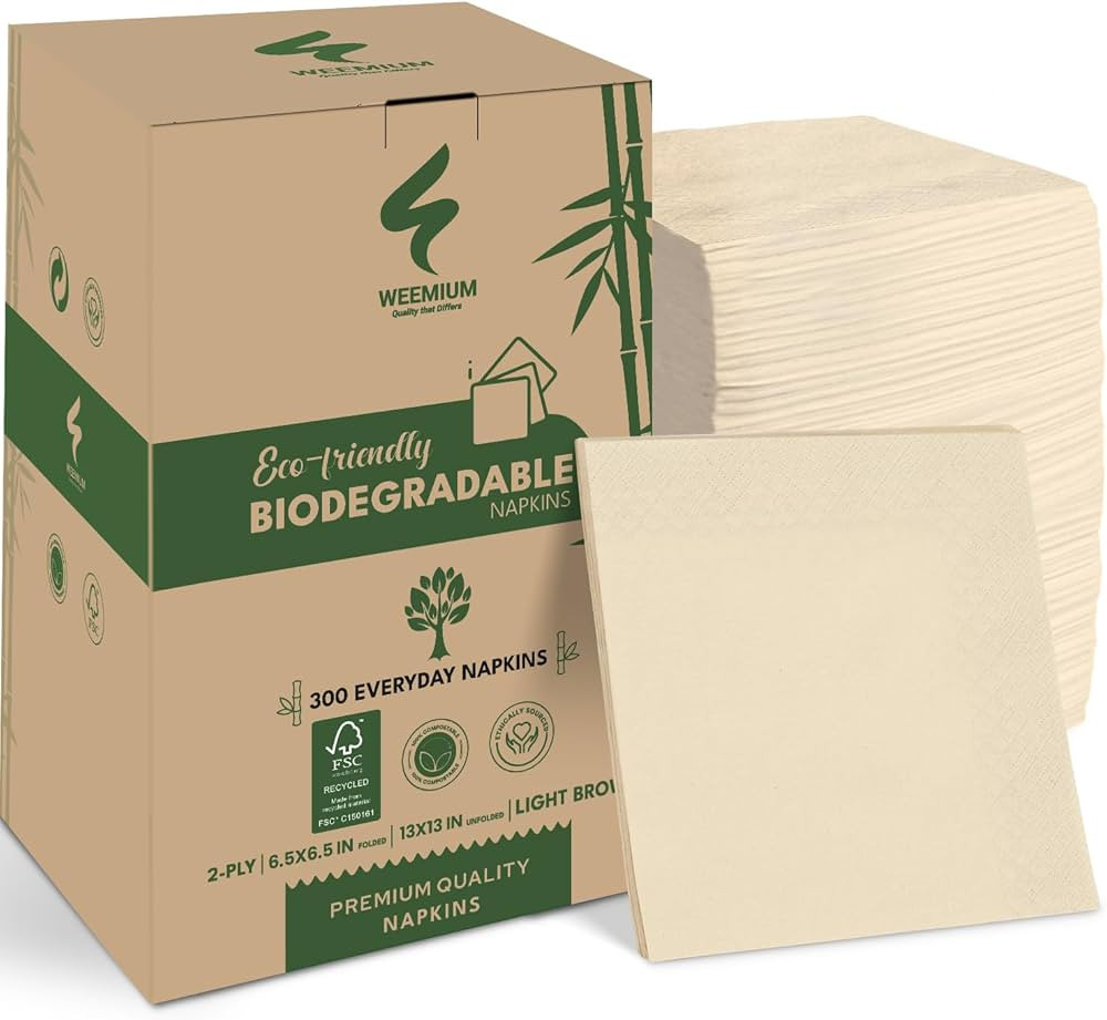 300 Pack 2-Ply Compostable Napkins - FSC Certified 6.5x6.5 Inch Folded Post Consumer Recycled Nap... | Amazon (US)
