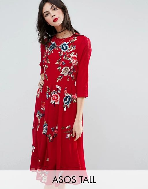 ASOS TALL Premium Midi Skater Dress with Floral Embroidery | ASOS US