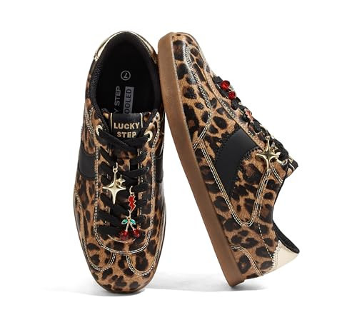 LUCKY STEP Women Classic Retro Sneakers Fashion Gum Sole Casual Faux Leather Walking Shoes Anti Slip Comfortable Tennis Trainers(Leopard,8) | Amazon (US)
