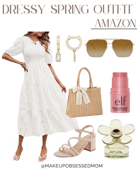 Here's a cute and classic outfit idea for Easter! A white midi dress, neutral sandals, woven handbag and more!  #midlifefashion #amazonfinds #springfashion #affordablestyle

#LTKshoecrush #LTKSeasonal #LTKstyletip