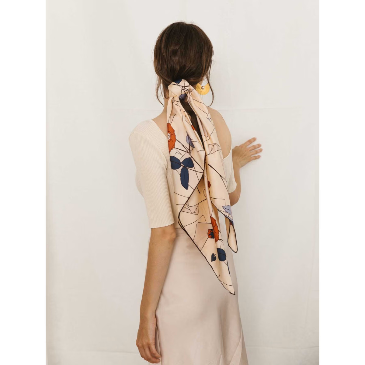 "Camellia" Large Silk Square Scarf - Khaki | Wolf & Badger