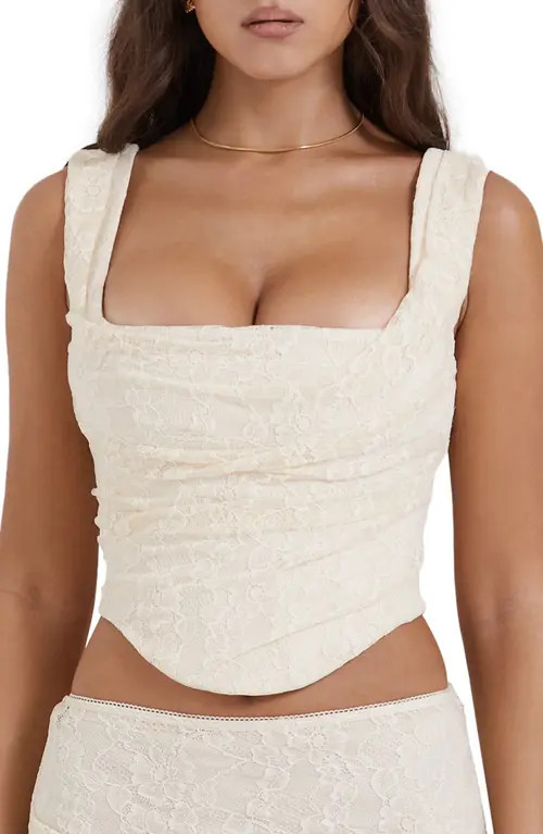 HOUSE OF CB Una Floral Cowl Neck Lace-Up Corset Top in Vintage Cream at Nordstrom, Size Large A | Nordstrom