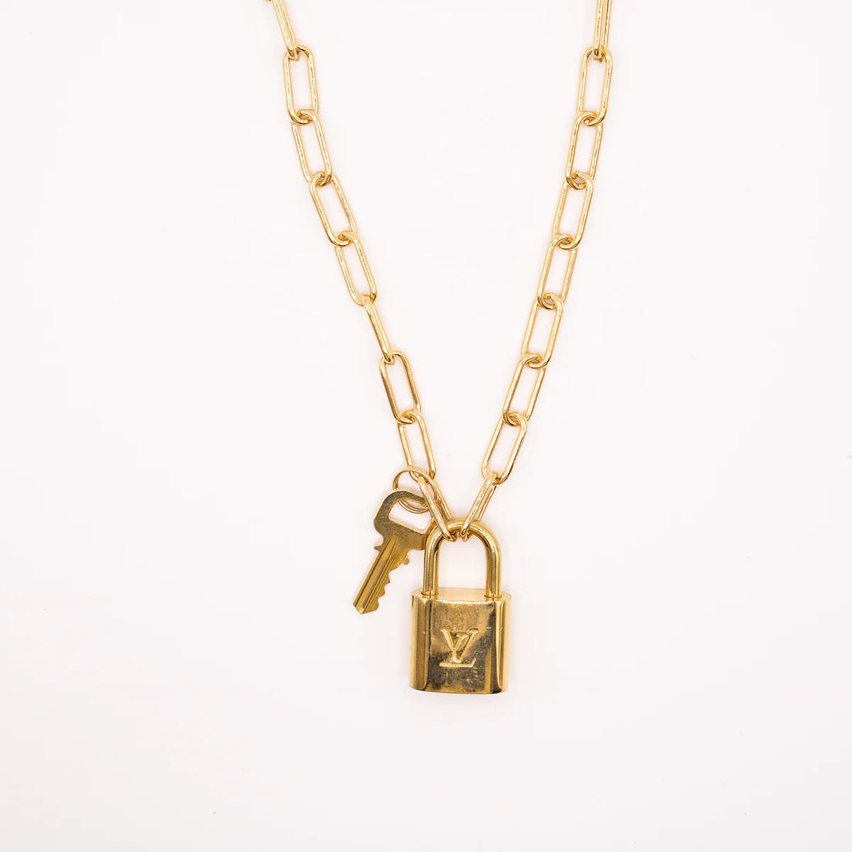 Limited Edition 18k Yellow Gold Paperclip Chain Necklace with Upcycled LV Lock and Key | Sparkl