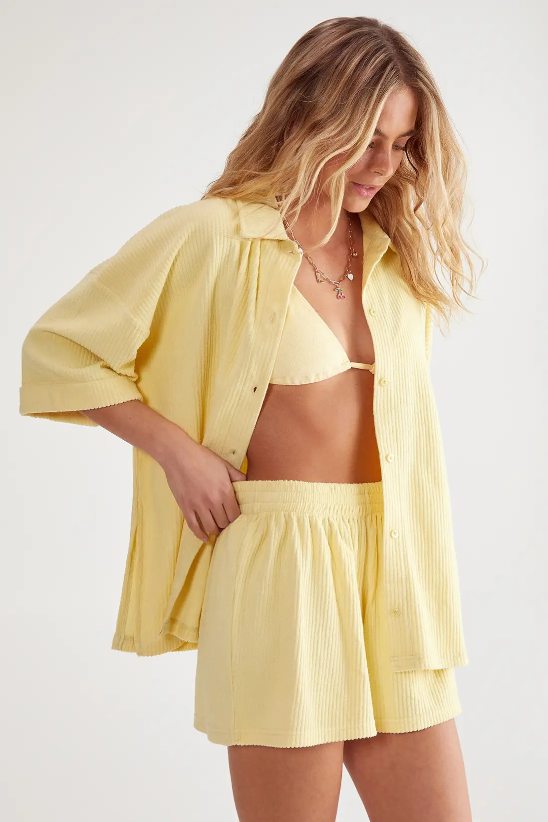 NastyGal Ribbed Toweling Beach Shirt and Shorts Two Piece Set | PrettyLittleThing UK