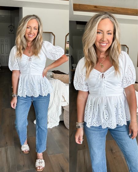 Eyelet top size small Walmart fashion Walmart finds spring fashion spring outfit, straight leg jeans 

#LTKfindsunder50