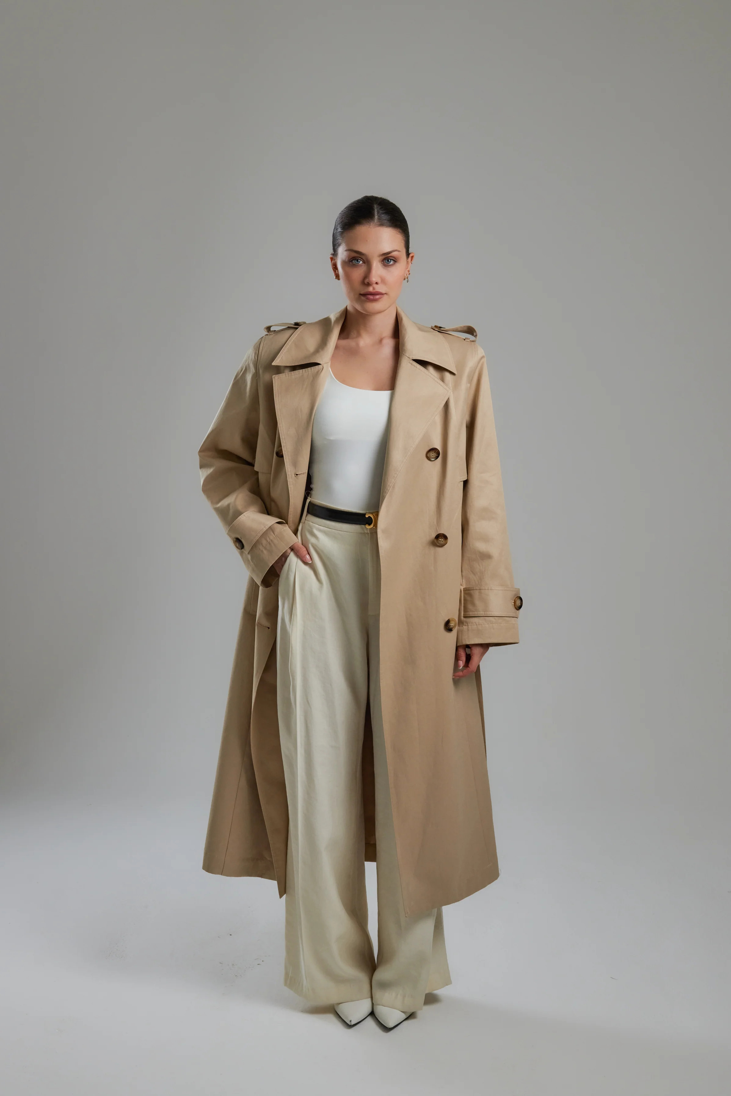 Structured Beige Cotton Trench Coat | DE SAVARY LONDON