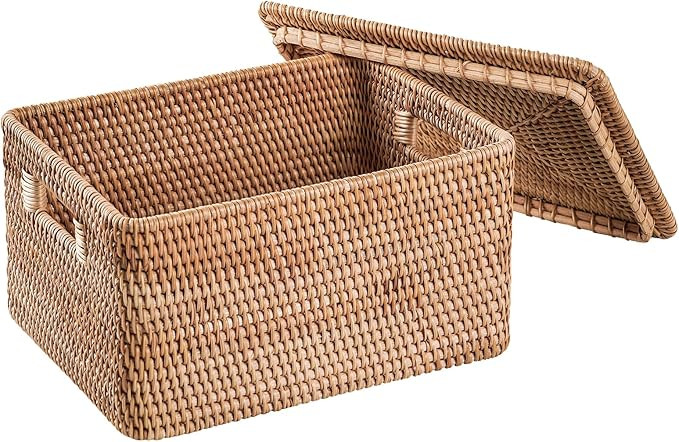 Rattan Basket With Lid, Large Lidded Basket For Storage(14.17" L×10.24"W×9.45"H) | Amazon (US)